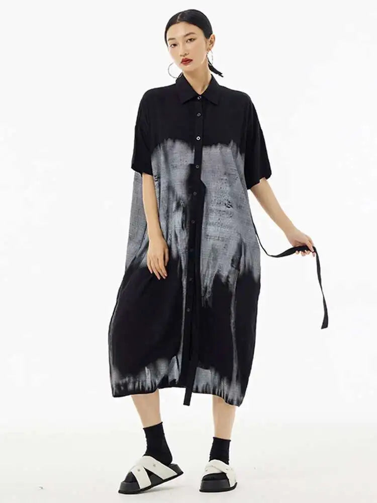 Women Green Pattern Printed Belted Big Size Shirt Dress New Lapel Short Sleeve Fashion Tide Spring Summer 2025  1DH5759