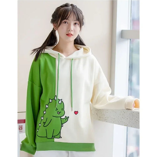 Load image into Gallery viewer, Harajuku Kawaii Hoodies Cartoon Dinosaur Print Casual Women Winter Warm Fleece Hooded Cotton Sweatshirt Teen Girls Cute Top
