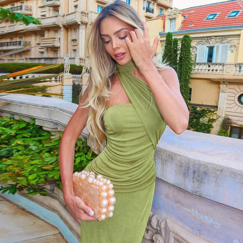 Halter Strapless Sexy Maxi Dress For Women Fashion Green Off-shoulder Backless Sleeveless Bodycon Elegant Long Dress