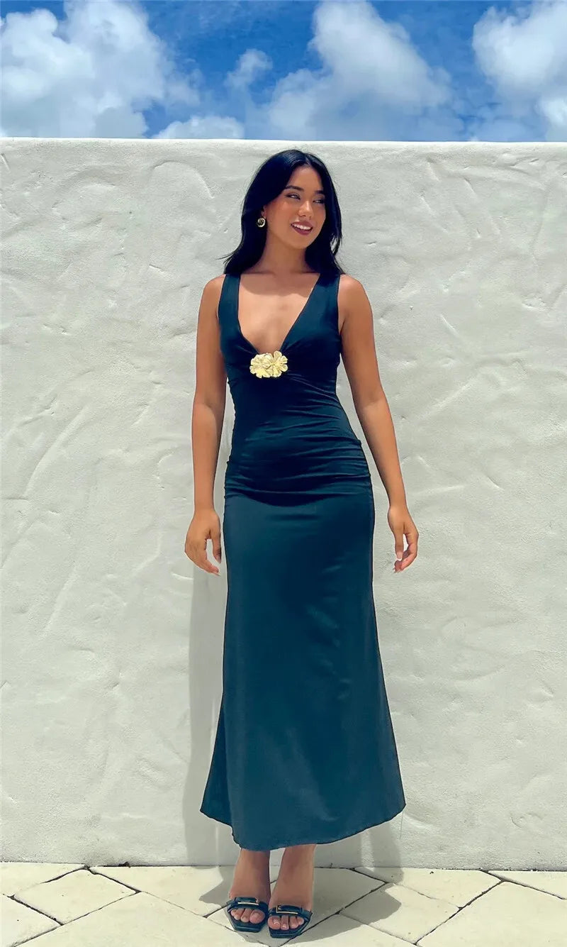 Elegant Deep V Neck Front Gold Clasp Sexy Maxi Dress For Women Black Gown Sleeveless Slim Fit Long Tank Dress Elegant