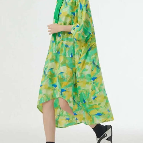 Load image into Gallery viewer, Women Blue Printed Big Size Midi Floral Dress New Stand Collar Short Sleeve Loose Fit Fashion Spring Summer 2025 1DF9379
