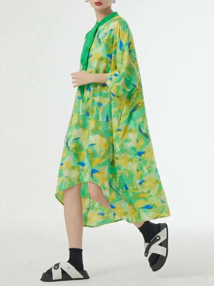 Women Blue Printed Big Size Midi Floral Dress New Stand Collar Short Sleeve Loose Fit Fashion Spring Summer 2025 1DF9379