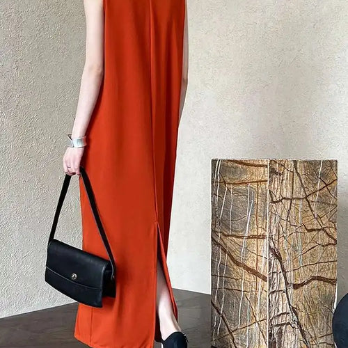 Load image into Gallery viewer, Women Orange Pocket Knot Elegant  Long Big Size Dress New V-Neck Sleeveless Fashion Tide Spring Summer 2025 1DH6380
