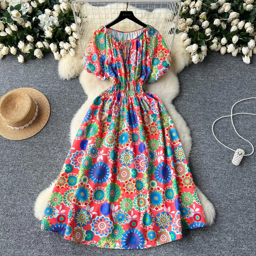 Load image into Gallery viewer, French Retro Women Print Vacation Long Dress 2024 Summer High Waist Round Neck Short Sleeved Lace-up Pleated Dress Bohemian Chic
