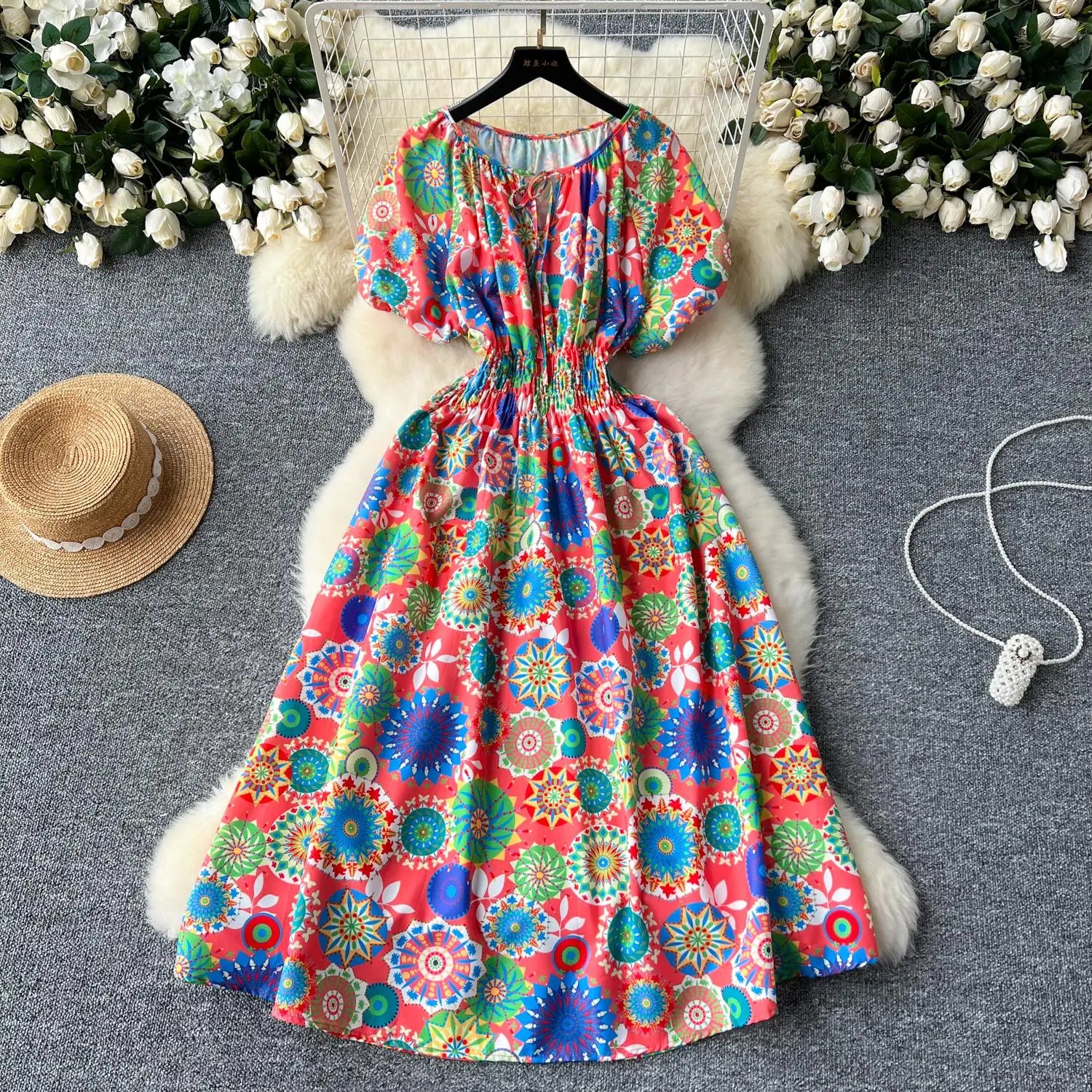 French Retro Women Print Vacation Long Dress 2024 Summer High Waist Round Neck Short Sleeved Lace-up Pleated Dress Bohemian Chic