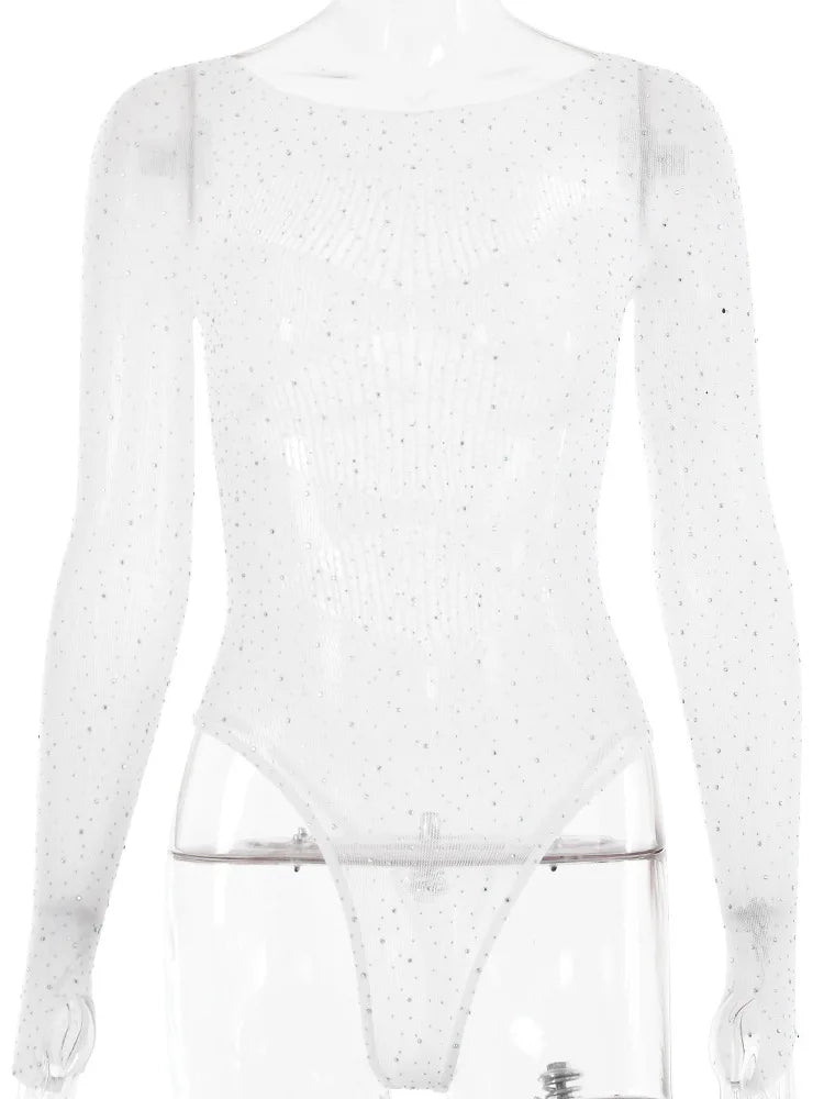 Women's Sexy Spicy Girl High Elastic Knitted Bodysuit, Perspective, Long Sleeved, Hollow Hot Diamond, Summer Beach 2024