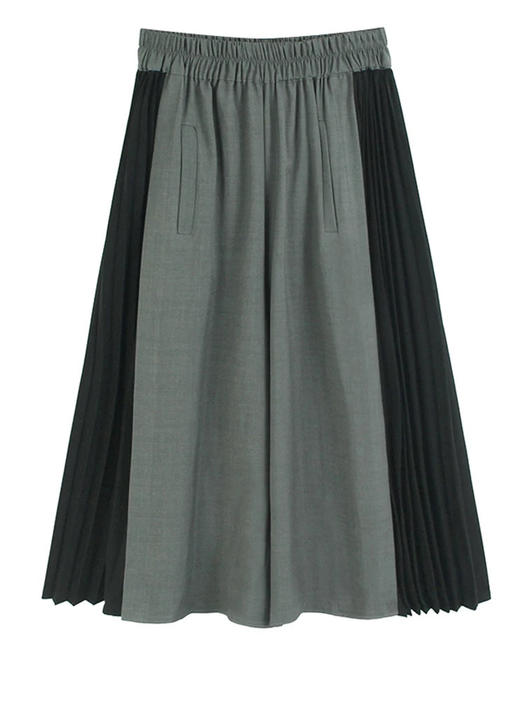 High Elastic Waist Gray Black Color-block Pleated Wide Leg Pants New Trousers Women Fashion Spring Autumn 2025 1DJ1582