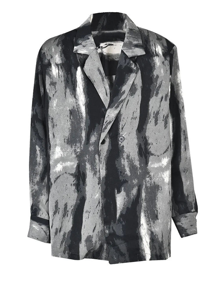 Women Black Tie Dye Should Padded Big Size Blouse New Lapel Long Sleeve Loose Fit Shirt Fashion Spring Autumn 2025 1DF0348