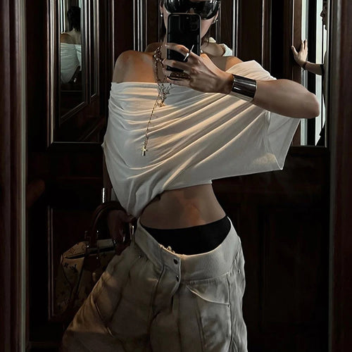 Load image into Gallery viewer, One Shoulder Leisure t-Shirt Women Folds Solid Skinny Loose Summer New Trend Simple Classic Versatile Street Daily Tops
