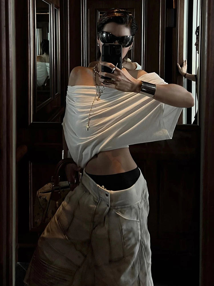 One Shoulder Leisure t-Shirt Women Folds Solid Skinny Loose Summer New Trend Simple Classic Versatile Street Daily Tops