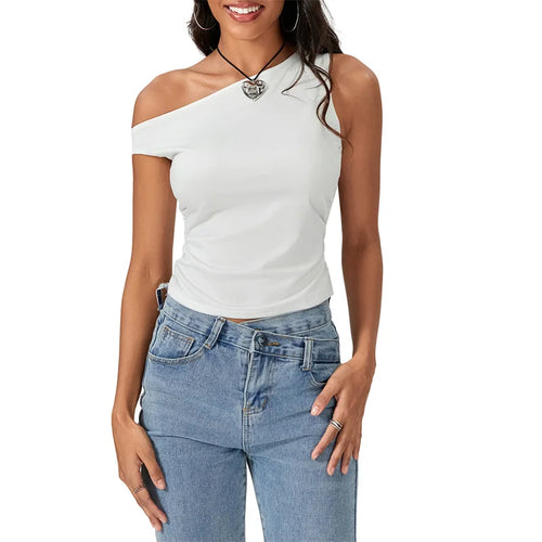 Load image into Gallery viewer, y2k Crop Tops 2000s Clothing Women Solid Color Oblique Shoulder Sleeveless T Shirt Aesthetic Clothes Summer Streetwear
