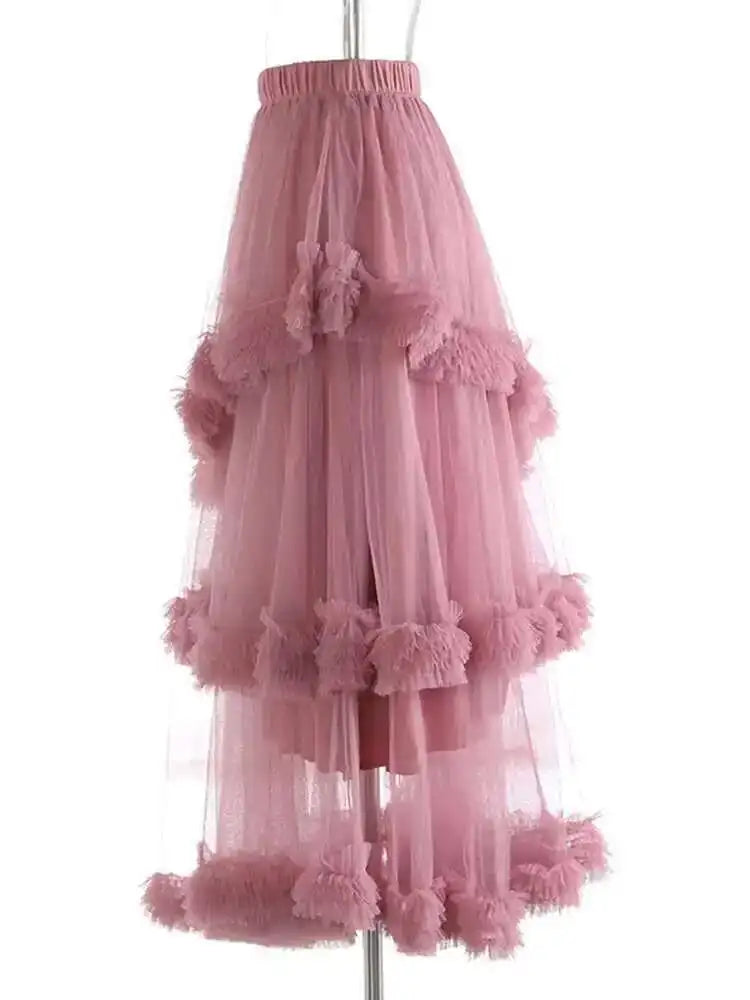 High Elastic Waist Yellow Mesh Ruffles Irregular A-line Half-body Skirt Women Fashion Tide New Spring Autumn 2025 1DH9405