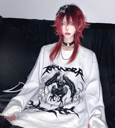 Oversized Harajuku Grunge Cartoon Jacquard Sweaters Streetwear Vintage Punk Jumpers Women Y2k Aesthetic White Casual Pullovers