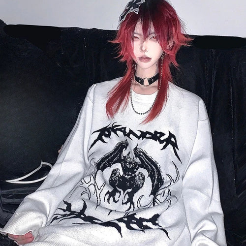 Load image into Gallery viewer, Oversized Harajuku Grunge Cartoon Jacquard Sweaters Streetwear Vintage Punk Jumpers Women Y2k Aesthetic White Casual Pullovers
