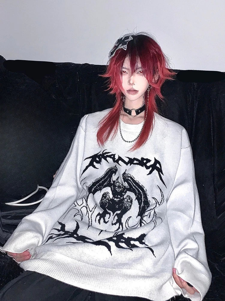 Oversized Harajuku Grunge Cartoon Jacquard Sweaters Streetwear Vintage Punk Jumpers Women Y2k Aesthetic White Casual Pullovers