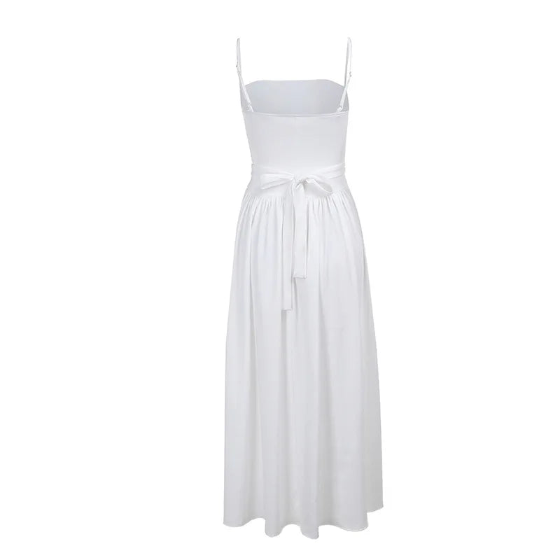 Elegant White Sundress Spaghetti Strap Backless Midi Dress For Women Fashion Sleeveless A-line Loose Long Dress New