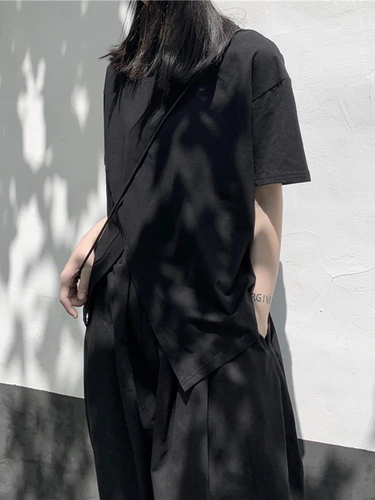 Women White Irregular Slit Hem Big Size Casual T-shirt New Round Neck Short Sleeve Fashion Tide Spring Summer 2025 1DJ1671