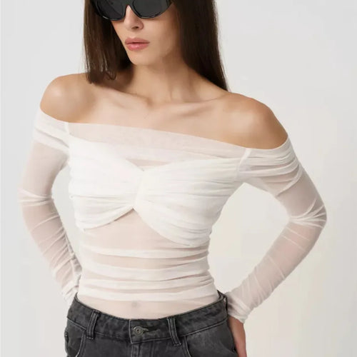 Load image into Gallery viewer, Summer Mesh Off-shoulder T-shirt Women Fashion Pleated Bust Backless Tees Tops Female Elegant Strapless See Through Top
