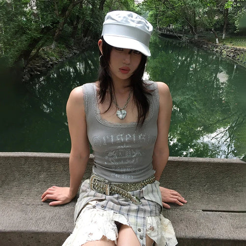 Load image into Gallery viewer, Japanese Y2k Lace Tank Top Trashy 2000s Style Letter Print Crop Top Vintage Harajuku Knitted Tanktop American Retro 90s
