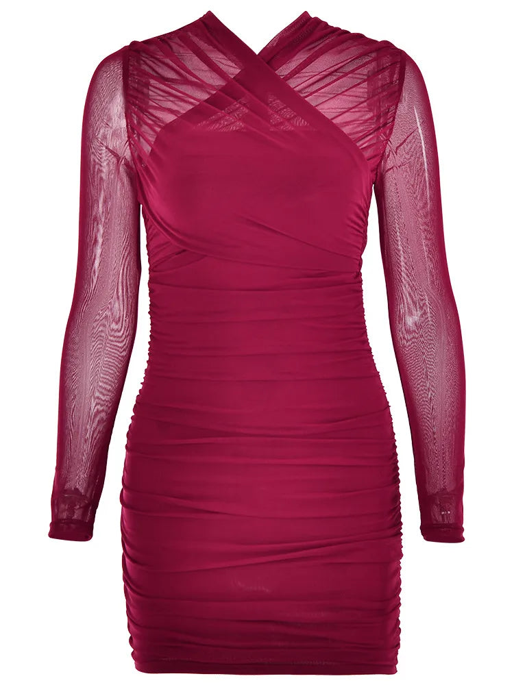 Mesh Patchwork Perspective Long Sleeve Dress For Women Tight Ruffled Zipper Mini Dress Female Party Club Evening Dress