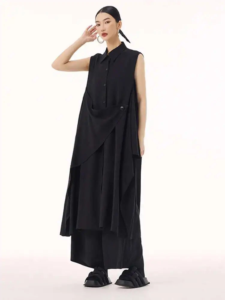 Women Khaki Irregular Spliced Big Size Midi Shirt Dress New Lapel Sleeveless Fashion Tide Spring Summer 2025 1DH9434