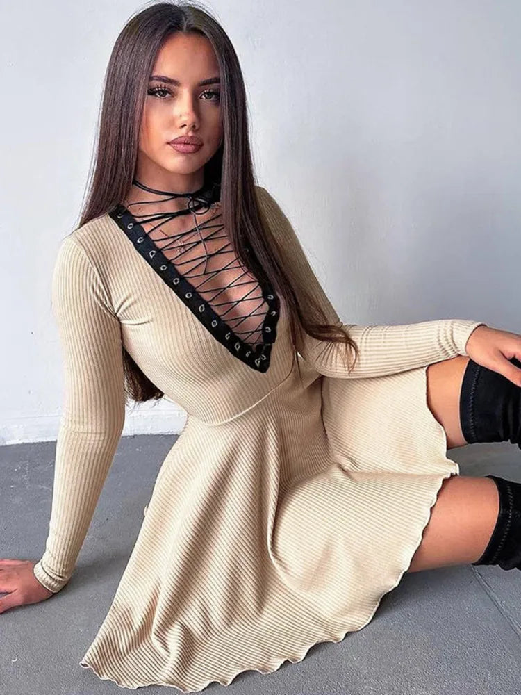 Autumn/Winter Women New Sexy Deep V-neck Long Sleeved Dress Hollow Lace Up Waist Wrap Elegant Party Evening Dress