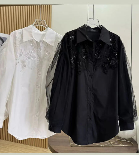 Solid Spliced Diamonds Loose Chic Blouse For Women Lapel Long Sleeve Temperament Shirts Female Fashion Style New