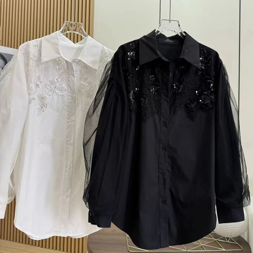 Load image into Gallery viewer, Solid Spliced Diamonds Loose Chic Blouse For Women Lapel Long Sleeve Temperament Shirts Female Fashion Style New
