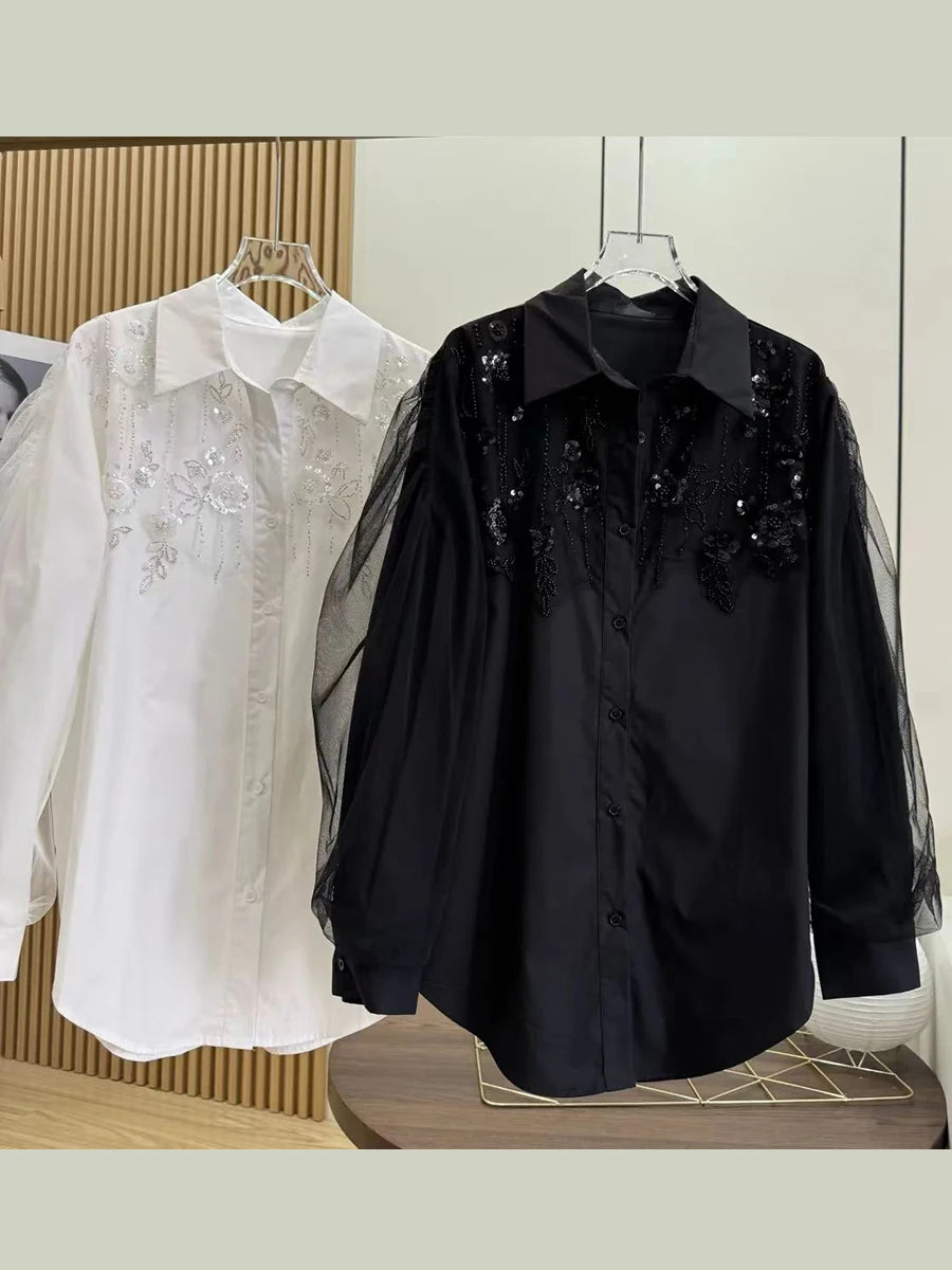 Solid Spliced Diamonds Loose Chic Blouse For Women Lapel Long Sleeve Temperament Shirts Female Fashion Style New