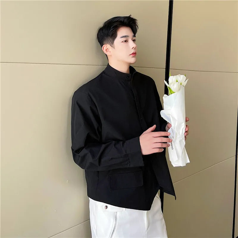 Men's Long Sleeved Shirts New Korean Fashion Solid Color Trend Double Pointed Hem Stand Collar Male Clothing Spring 9W1403