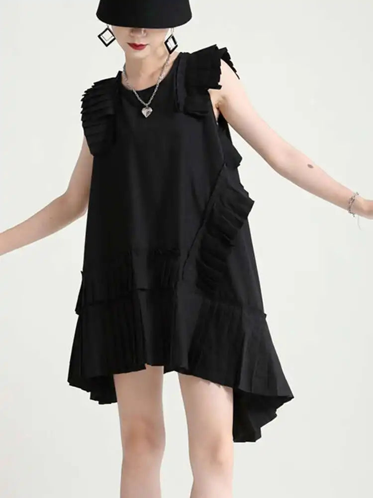 Women White Irregular Pleated Big Size Elegant Dress New Round Neck Sleeveless Fashion Tide Spring Summer 2025 1DH5375