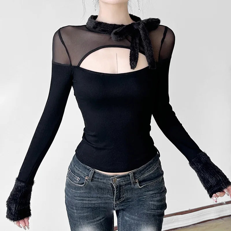 Coquette Top y2k Clothes Women Solid Color Sheer See Through Round Neck Long Sleeve Mesh T Shirt with Bow Streetwear