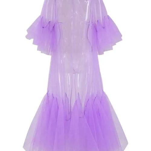 Load image into Gallery viewer, Women Purple Ruffles Mesh Perspective Big Size Long Dress New Round Neck Half Sleeve Fashion Spring Summer 2025 JR7711
