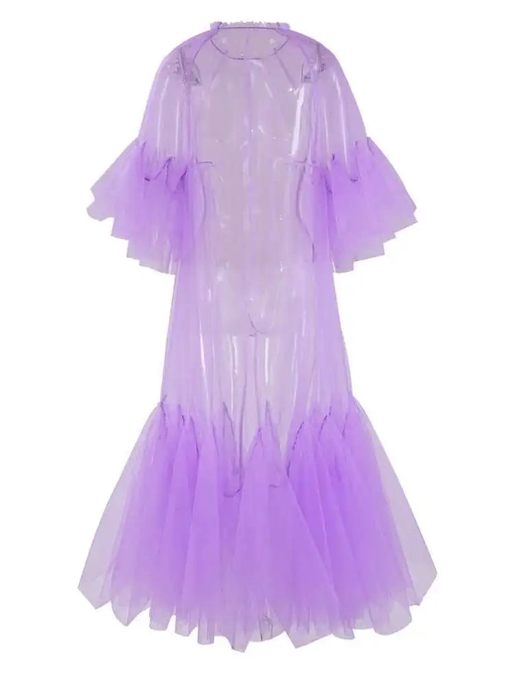 Women Purple Ruffles Mesh Perspective Big Size Long Dress New Round Neck Half Sleeve Fashion Spring Summer 2025 JR7711