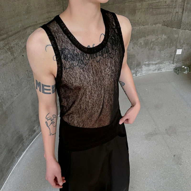 Male Tank Top Slim Fit Round Neck Stylish See-through Sexy Summer High Street Trendy Sleeveless Men's Vest C5787