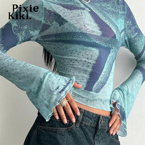 Load image into Gallery viewer, Abstract Blue Print Graphic T Shirts Girls Y2k Clothing Frill Mesh Sheer Flare Sleeve Crop Tops for Women P85-BZ10
