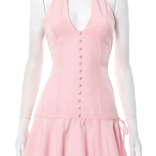 Load image into Gallery viewer, Halter Backless Sexy Mini Dress Women Robe Summer New Lace Patchwork Sleeveless V Neck High Waist Ruffled Dress 2025
