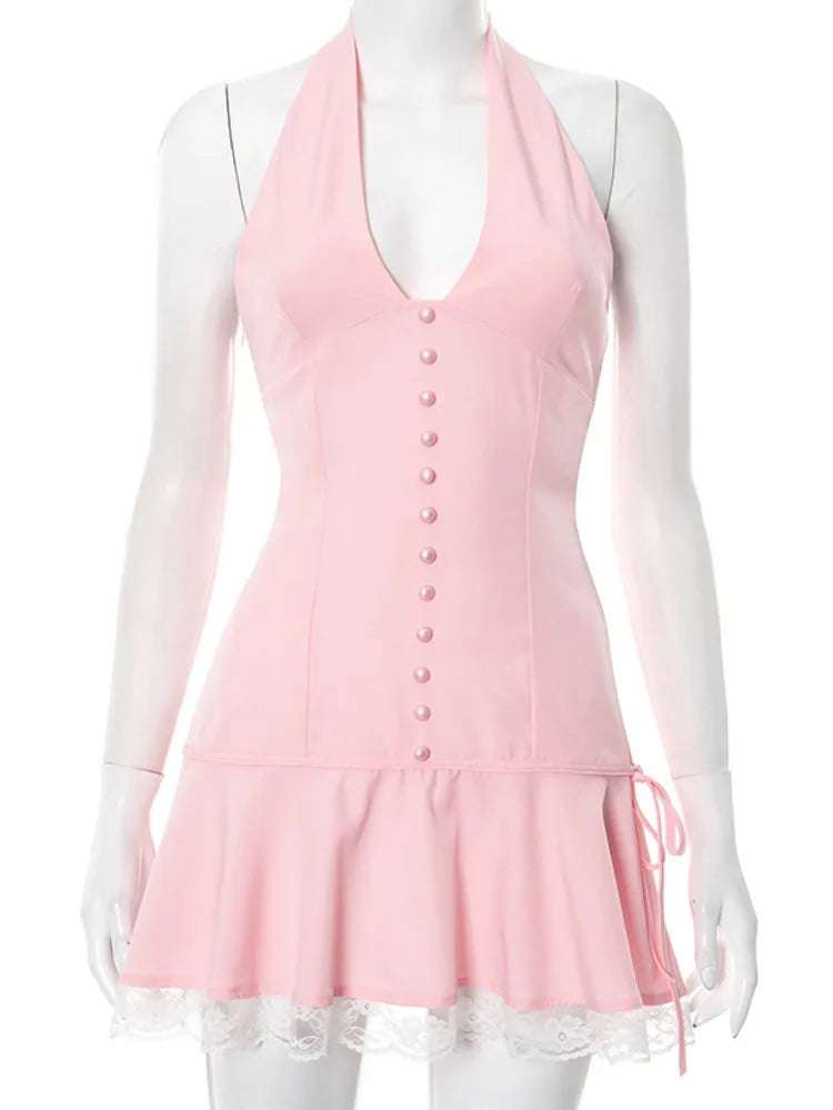 Halter Backless Sexy Mini Dress Women Robe Summer New Lace Patchwork Sleeveless V Neck High Waist Ruffled Dress 2025