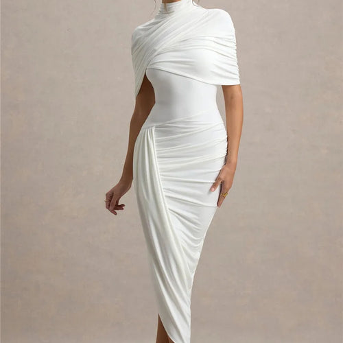 Load image into Gallery viewer, Half Sleeve Backless Ruched Sexy Maxi Dress Women Summer New Turtleneck Slim High Waist Evening Club Party Long Dress
