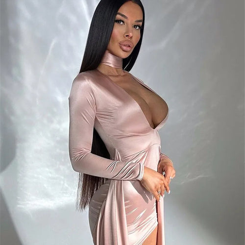 Load image into Gallery viewer, Irregular Sexy Mini Dress For Women Low Cut Long Sleeve Ruched Bodycon Dress Femme Elegant Club Party Sexy Dress New
