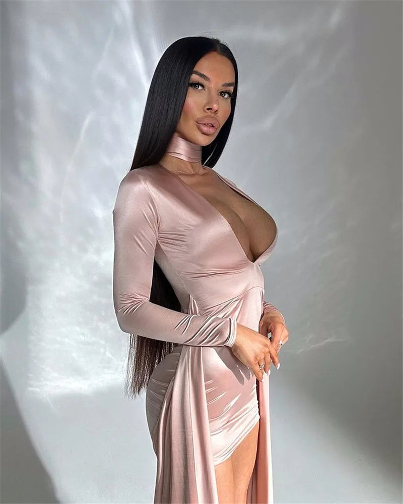 Irregular Sexy Mini Dress For Women Low Cut Long Sleeve Ruched Bodycon Dress Femme Elegant Club Party Sexy Dress New