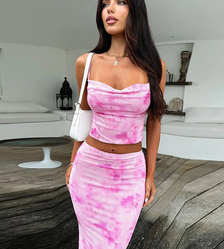 Strapless Print Sexy Two Piece Sets Women Spaghetti Strap Crop Tops And Maxi Skirt Female Elegant Printed 2 Piece Sets