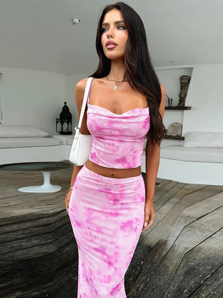 Strapless Print Sexy Two Piece Sets Women Spaghetti Strap Crop Tops And Maxi Skirt Female Elegant Printed 2 Piece Sets