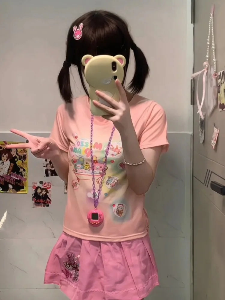 Japanese Kawaii Cartoon Printing Tops Women Harajuku Summer Patchwork Casual Loose T-shirt Y2k Aesthetic Fairy Grunge Cute Tees