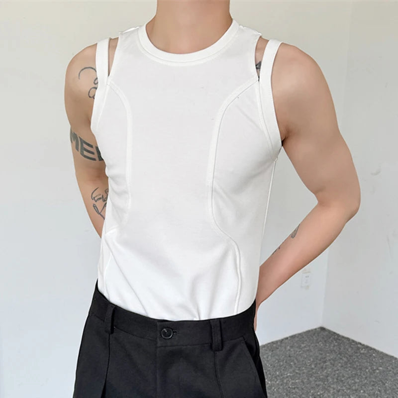 Summer Splicing Design Male Top Solid Color Elastic Tank Top Round Collar Menwear Sexy Style Fashion Tide 9C5940