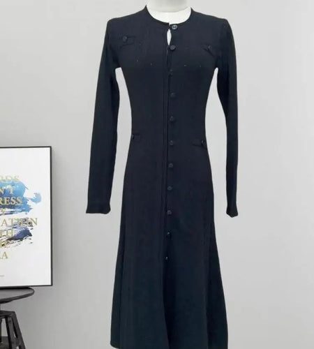 French Fashion Women Black Long Sleeve Round Neck Knitted Dress 2024 Autumn Winter New Beige Single Breasted Holiday Dress Trend