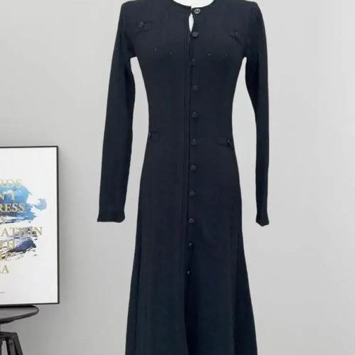 Load image into Gallery viewer, French Fashion Women Black Long Sleeve Round Neck Knitted Dress 2024 Autumn Winter New Beige Single Breasted Holiday Dress Trend
