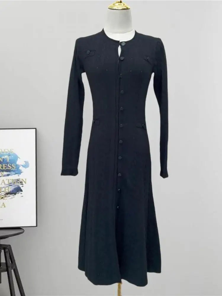 French Fashion Women Black Long Sleeve Round Neck Knitted Dress 2024 Autumn Winter New Beige Single Breasted Holiday Dress Trend