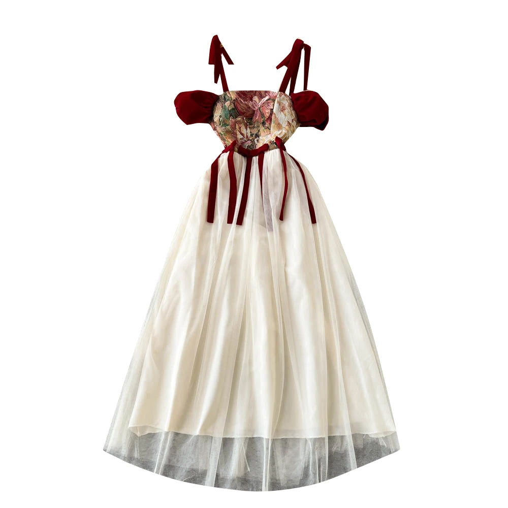 French Retro Women Beige Patchwork Mesh Embroidered Elegant High Waist Pleated Dress Summer Slim Slip Lace-up Long Dress Popular