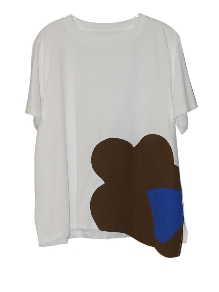 Women Black Color-block Irregular Big Size T-shirt New Round Neck Shorr Sleeve Fashion Tide Spring Summer 2025 1DJ0562